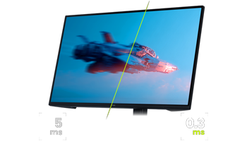 Visual on monitor screen showing the difference between a 5ms response time and the 0.3ms response time