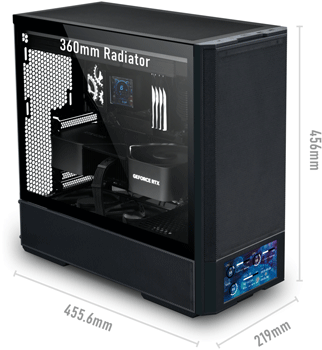Angled view of case with dimensions