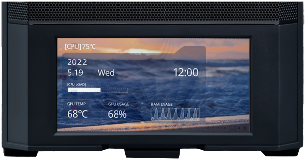 Lancool 207D Screen showing CPU temperature, RAM usage pattern, 12PM time, GPU temperature and usage