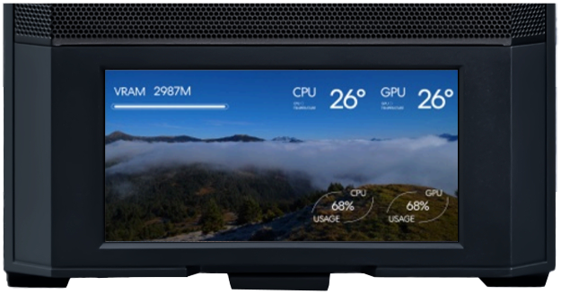 Lancool 207D Screen showing VRAM usage, CPU and GPU temperature, CPU and GPU usage
