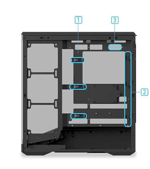Numbered image of exposed alt side revealing second chamber and cable management features