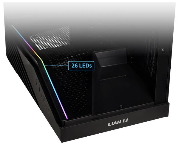 Annotated high-angle shot of case bottom with RGB strip and figurine platform