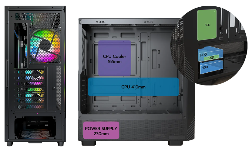 Rear and Side view of Montech X5 showing expansion slots and hardware compatibility