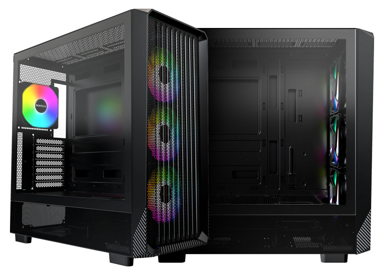 Dual Angle View of the Montech X5 showing the Tempered Glass window and Interior with ARGB Fans