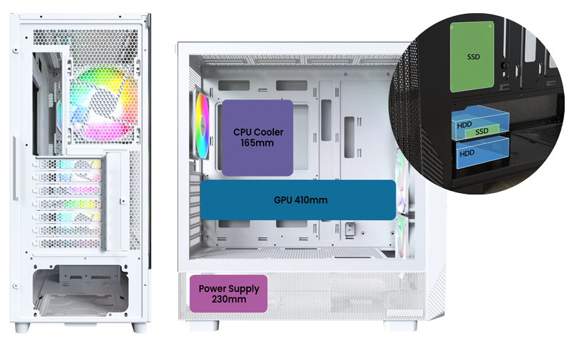 Rear and Side view of Montech X5 showing expansion slots and hardware compatibility