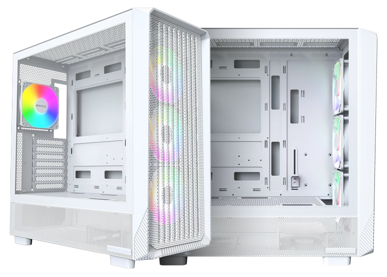 Dual Angle View of the Montech X5 showing the Tempered Glass window and Interior with ARGB Fans