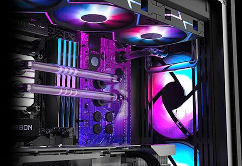 Cooling hardware installed in the MPG Velox 300R Airflow case to highlight versatile cooling support