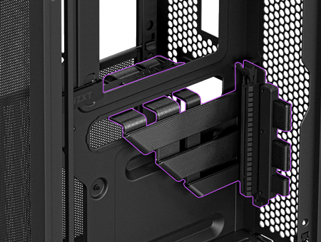 inside cutout of case with PCIe GPU riser outlined in purple