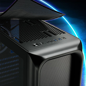 Top of case with dust filter bend upwards to show off connectivity and dust filtration