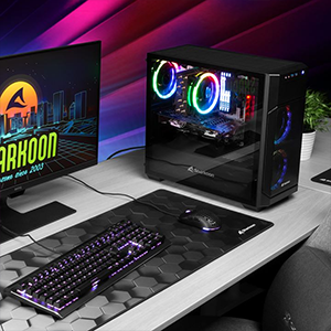 V1000 case on a desk alongside computer peripherals