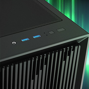 Top front of the PC case, hightlighting connection ports