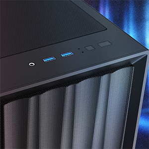 Top front of the PC case, hightlighting connection ports