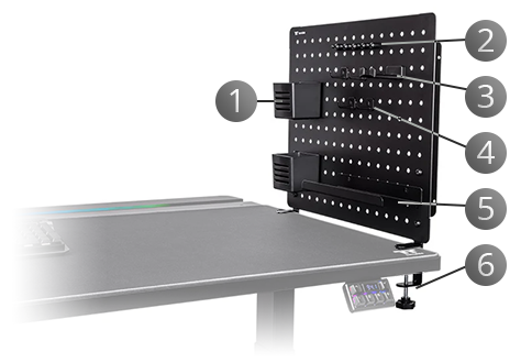 Pegboard clamped to the desk