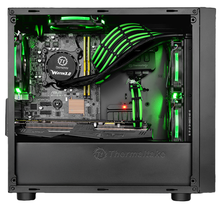 Thermaltake Versa H18 Full Build showing neatly arranged components with RGB lighting