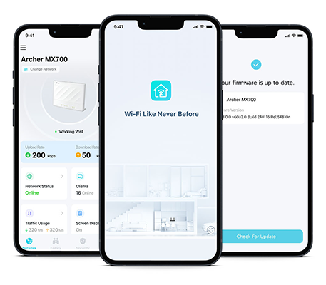tp-link Tether App on 3 phones screens, each with a different app feature.