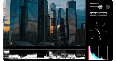 image of skyscrapers at sunset with video analysis tools along the outside of footage