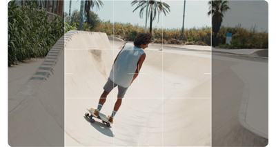 image of skateboarder riding through concrete skate park with aspect ratio overlay