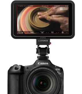 Atomos Shinobi II monitor mounted onto Canon R5 Mirrorless camera