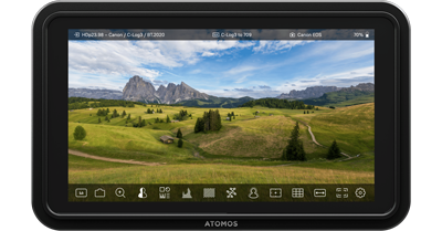 Photograph of Atomos Shinobi II monitor with footage of grassy landscape