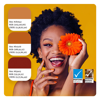 Pantone And Pantone SkinTone Validation logos in front of a woman holding a sunflower