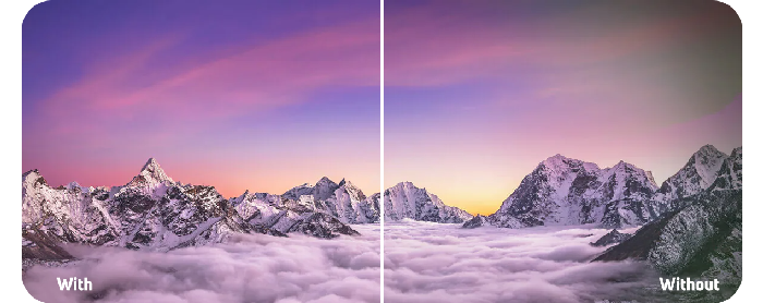 Split comparison image of snow covered alps mountain tops with vibrant blue and purple sky with BenQ Uniformity technology