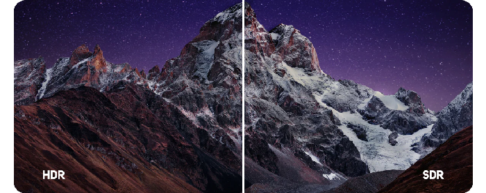 Split Image comparison of Alpine mountain range at night showing HDR and SDR content