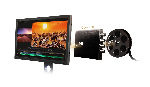 image of BenQ SW321C with HDMI to 12G SDI converter behind