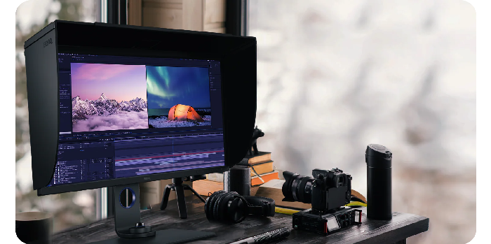 BenQ SW321C 32inch 4K Monitor with premiere pro video editing software open on videographers desk with cameras