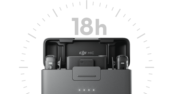 Image of DJI Mic 2 in charging case with 18h text graphic overal to display battery life