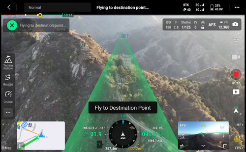 preview image of DJI FlyTo flight path in destination mode