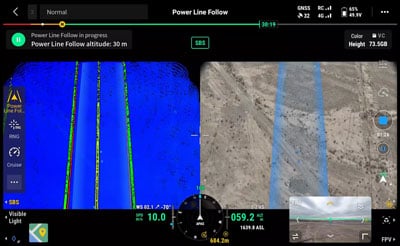 DJI Power Line Follow mode showing side by side with thermal and lidar imaging