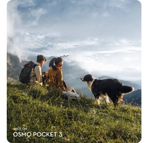 man and woman sat with German sheppard dog on an hillside over looking the alps