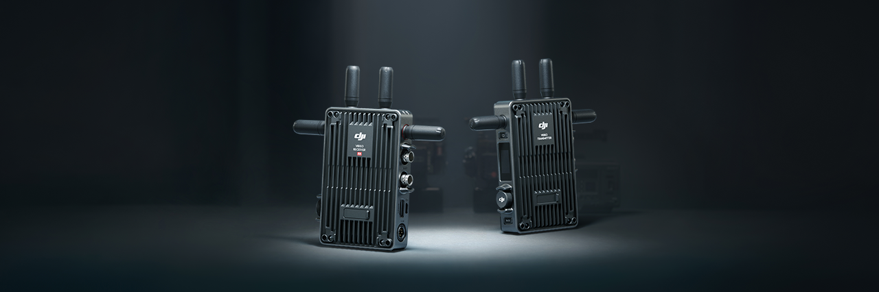 DJI Video Transmitter and Receiver on a background of DJI Ronin Series cameras and gimbals, DJI Transmission Standard Combo