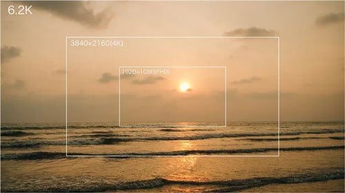 Sunset image of ocean waves with resolution overlays up to 6.2K