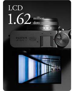 photograph of Fujifilm X100VI camera with lcd screen flipped up showing illuminated long hallway