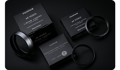 Fujifilm Ar-X100 and PRF-49 Lens rings and filters displayed on their packaging