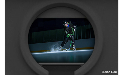 Fujifilm XH2S Viewfinder preview of an ice hockey player hitting the puck
