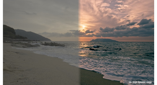 Split side by side comparison showing F-Log2 with a sunset beach scene looking over the water
