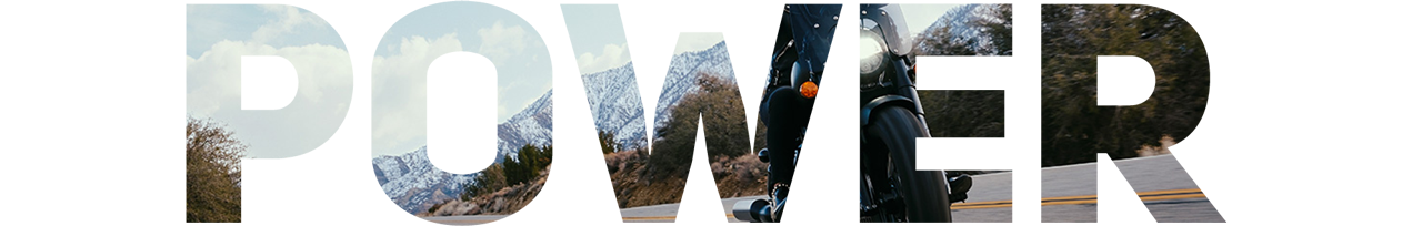 person riding motorcyle on a mountain road inlayed into the word Power