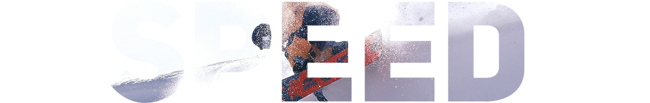 Photograph of a snowboarder carving a line inlayed into the word Speed