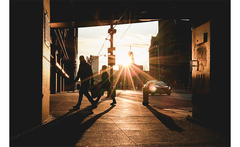 sample image a sunrise over a city from under a bridge taken with the fuji xs20 using a 23mm lens
