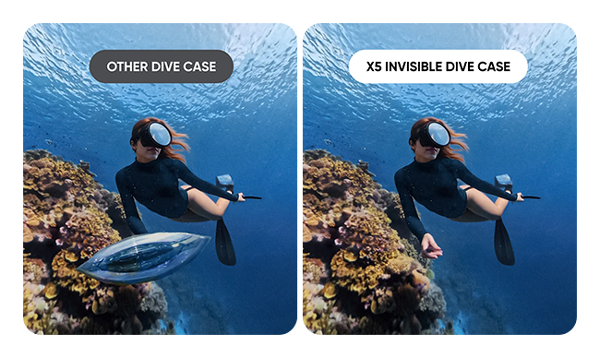 image of a scubadiver using the x5 and comparing the Invisible Dive Case with other brands