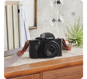image of LUMIX G100D sitting on wooden side table