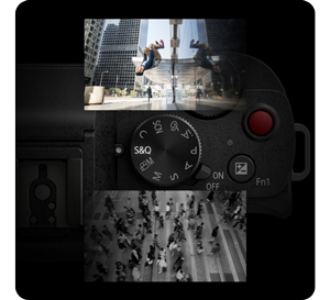 close up image of mode control dial of LUMIX G100D with video thumbnails