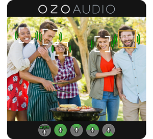 photo of group of friends standing around bbq with face selection brackets and audio iconss