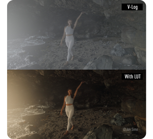 Comparison image of Lumix GH7 video footage with and without LUTs