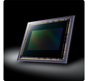 Illustration of LUMIX GH7 25.2MP BSI CMOS micro four thirds sensor on black background