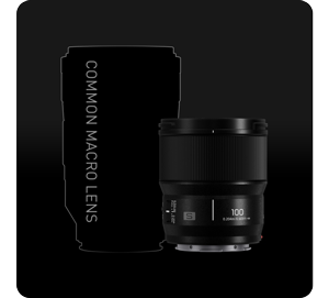 Comparison image of Lumix S 100mm Macro lens vs outline of traditional Macro lens on blackbackground
