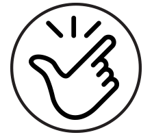 black circle icon of hand in L position showing a finger click