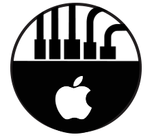 Black circle icon of apple mac mini with devices connected
